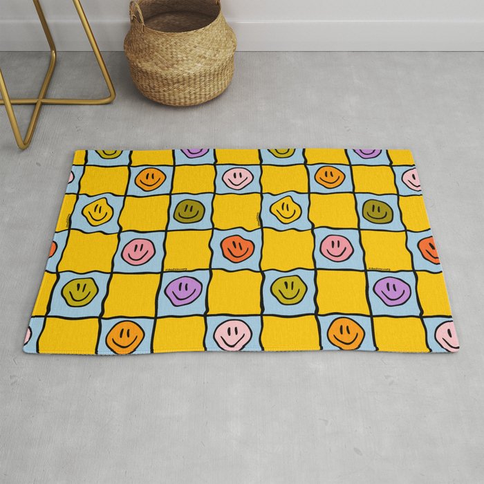 Yellow Happy Face Checkerboard Print Rug Gallery Image 1