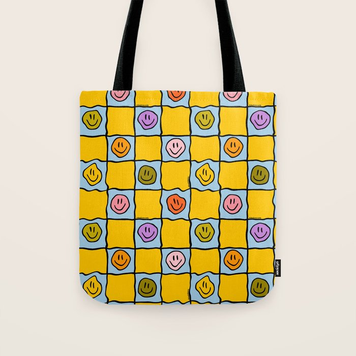 Yellow Happy Face Checkerboard Print Tote Bag Gallery Image 1