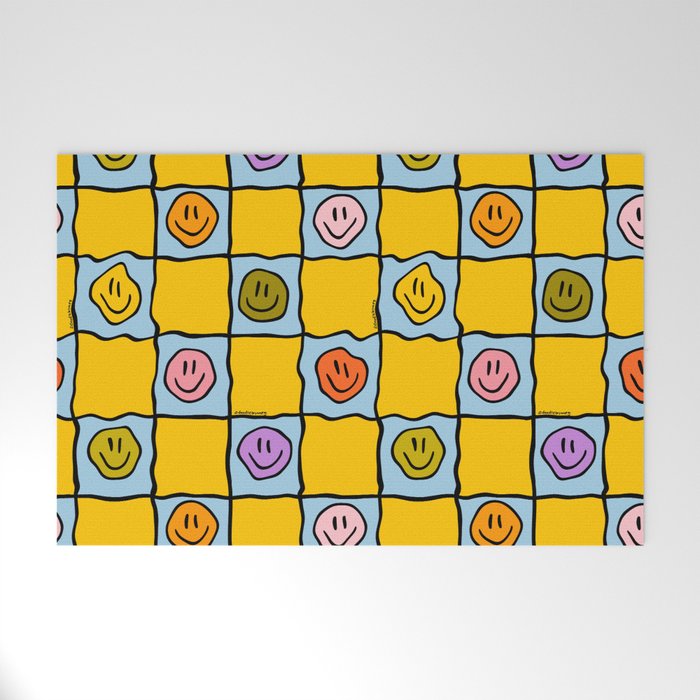 Yellow Happy Face Checkerboard Print Welcome Mat Gallery Image 1