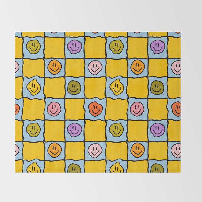 Yellow Happy Face Checkerboard Print Throw Blanket Gallery Image 2