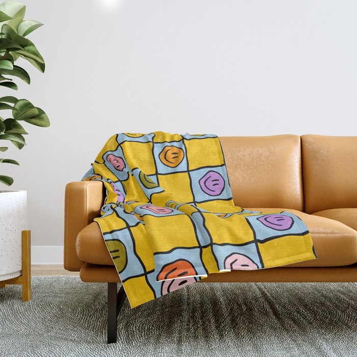 Yellow Happy Face Checkerboard Print Throw Blanket Gallery Image 1