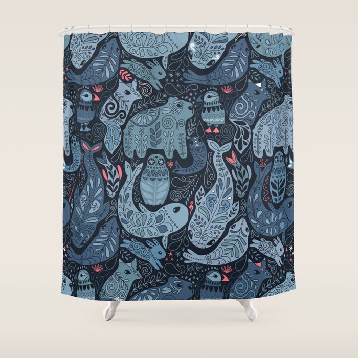 Arctic animals Polar bear, narwhal, seal, fox, puffin, whale  Shower Curtain Gallery Image 1