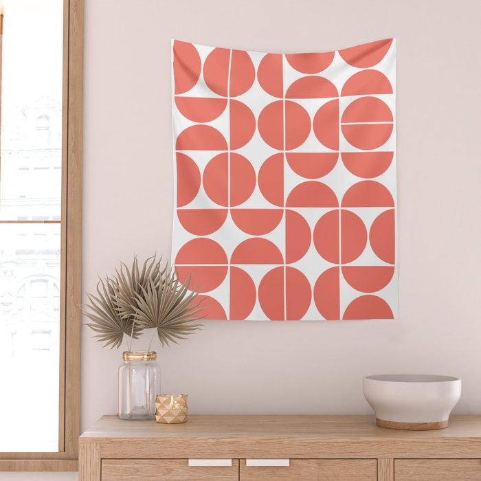 Mid Century Modern Geometric 04 Living Coral Wall Tapestry Gallery Image 2