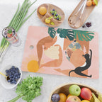 Tropical Yoga, Bohemian Woman Cat Pet Monstera Watercolor Painting, Blonde Quirky Illustration Cutting Board Gallery Image 2