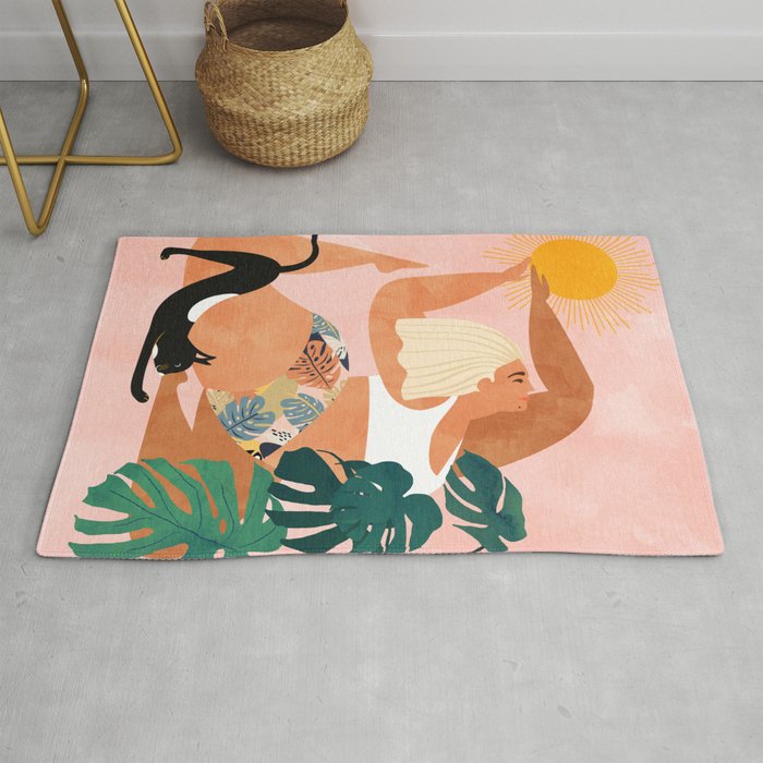 Tropical Yoga, Bohemian Woman Cat Pet Monstera Watercolor Painting, Blonde Quirky Illustration Rug Gallery Image 1