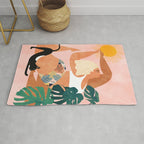 Tropical Yoga, Bohemian Woman Cat Pet Monstera Watercolor Painting, Blonde Quirky Illustration Rug Gallery Image 1