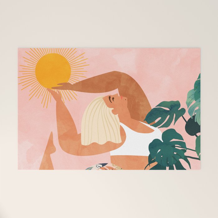 Tropical Yoga, Bohemian Woman Cat Pet Monstera Watercolor Painting, Blonde Quirky Illustration Welcome Mat Gallery Image 1