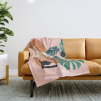 Tropical Yoga, Bohemian Woman Cat Pet Monstera Watercolor Painting, Blonde Quirky Illustration Throw Blanket Gallery Image 1