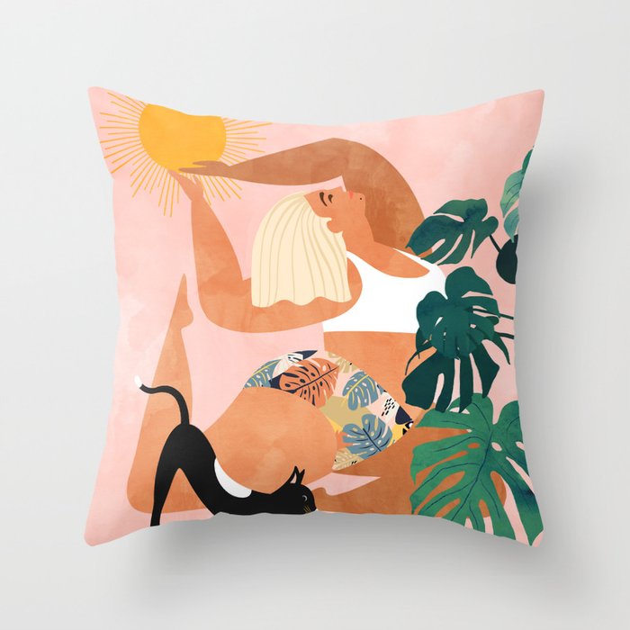 Tropical Yoga, Bohemian Woman Cat Pet Monstera Watercolor Painting, Blonde Quirky Illustration Throw Pillow Gallery Image 6