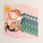 Tropical Yoga, Bohemian Woman Cat Pet Monstera Watercolor Painting, Blonde Quirky Illustration Wrapping Paper Gallery Image 3