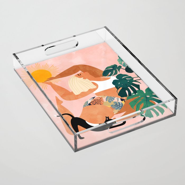 Tropical Yoga, Bohemian Woman Cat Pet Monstera Watercolor Painting, Blonde Quirky Illustration Acrylic Tray Gallery Image 1