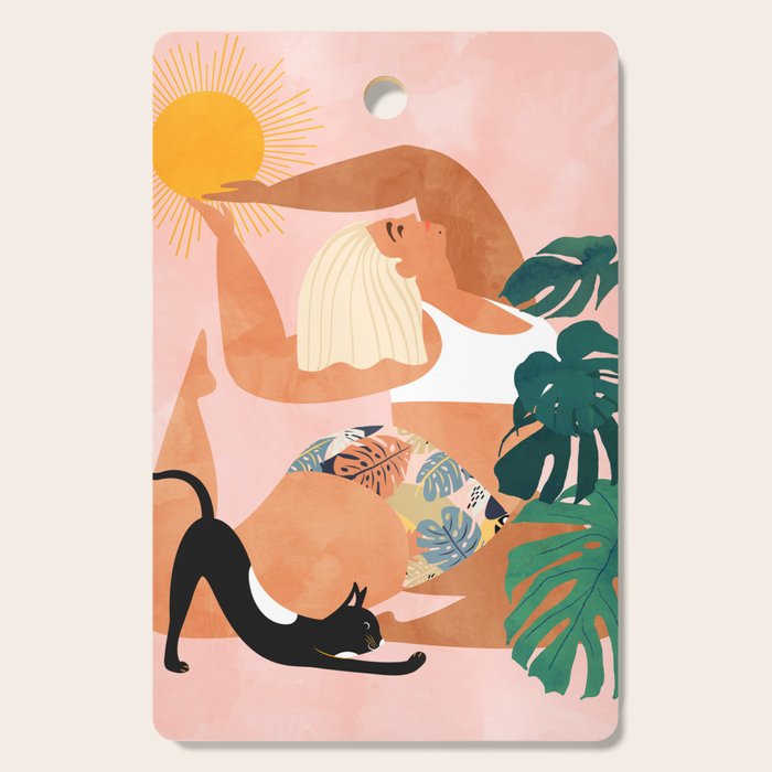 Tropical Yoga, Bohemian Woman Cat Pet Monstera Watercolor Painting, Blonde Quirky Illustration Cutting Board Gallery Image 1