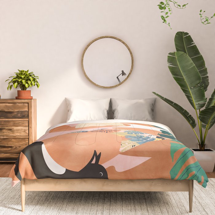 Tropical Yoga, Bohemian Woman Cat Pet Monstera Watercolor Painting, Blonde Quirky Illustration Comforter Gallery Image 3
