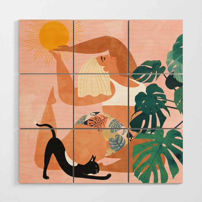 Tropical Yoga, Bohemian Woman Cat Pet Monstera Watercolor Painting, Blonde Quirky Illustration Wood Wall Art Gallery Image 1