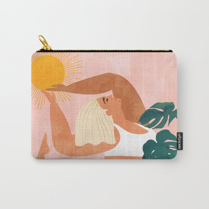Tropical Yoga, Bohemian Woman Cat Pet Monstera Watercolor Painting, Blonde Quirky Illustration Carry All Pouch Gallery Image 1