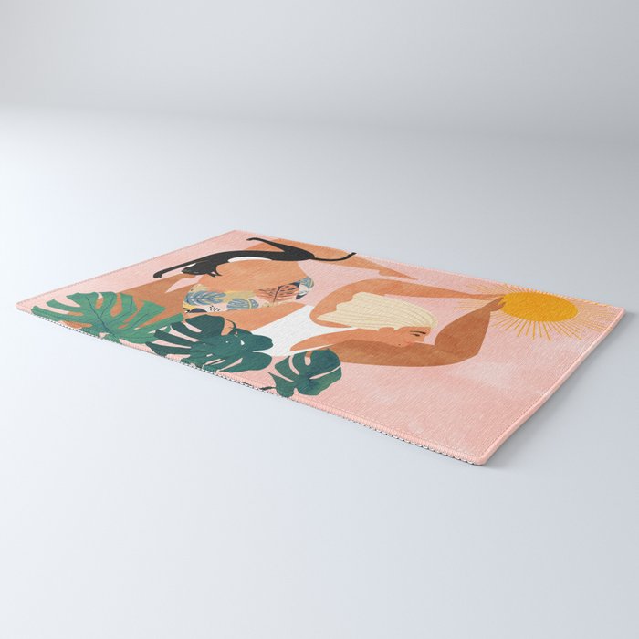 Tropical Yoga, Bohemian Woman Cat Pet Monstera Watercolor Painting, Blonde Quirky Illustration Rug Gallery Image 3