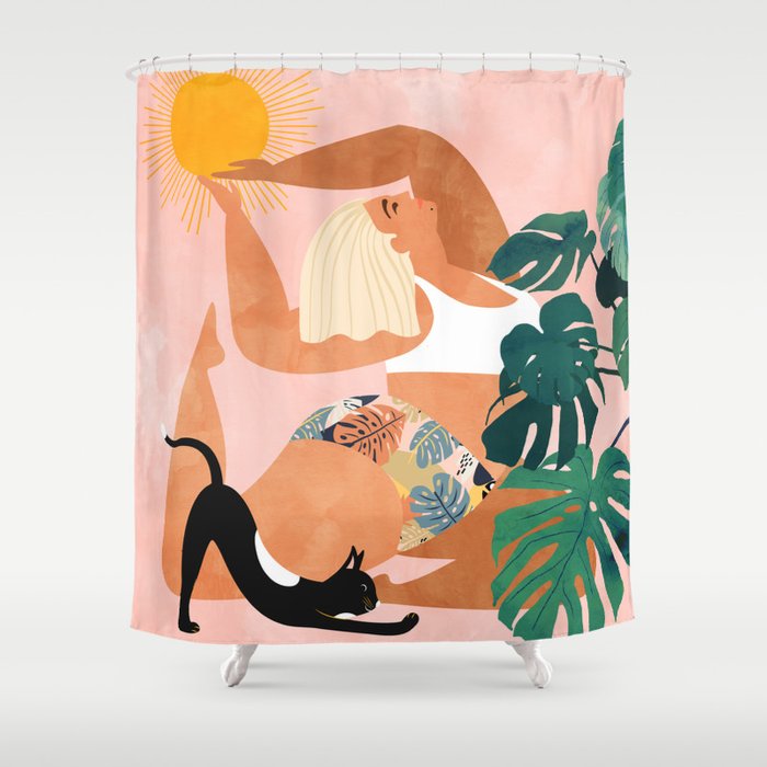 Tropical Yoga, Bohemian Woman Cat Pet Monstera Watercolor Painting, Blonde Quirky Illustration Shower Curtain Gallery Image 1