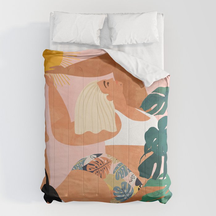 Tropical Yoga, Bohemian Woman Cat Pet Monstera Watercolor Painting, Blonde Quirky Illustration Comforter Gallery Image 6