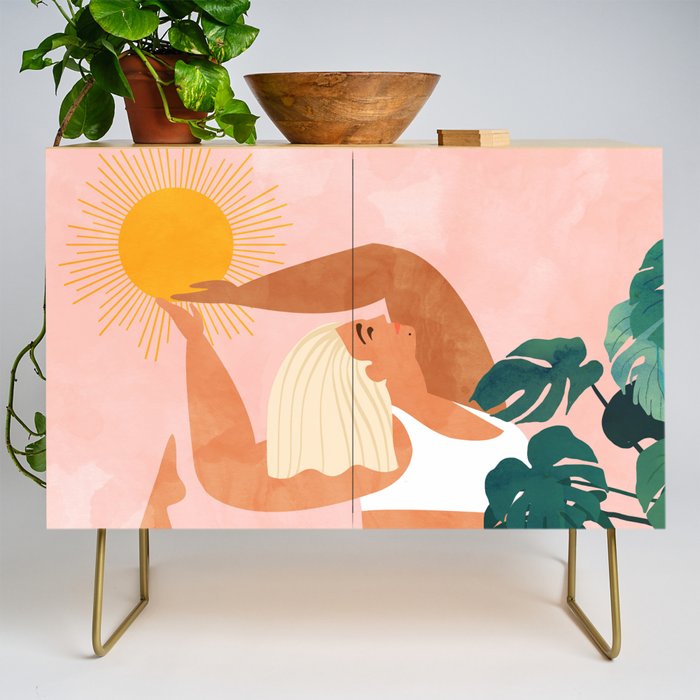Tropical Yoga, Bohemian Woman Cat Pet Monstera Watercolor Painting, Blonde Quirky Illustration Credenza Gallery Image 1