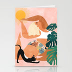 Tropical Yoga, Bohemian Woman Cat Pet Monstera Watercolor Painting, Blonde Quirky Illustration Stationery Card Gallery Image 2