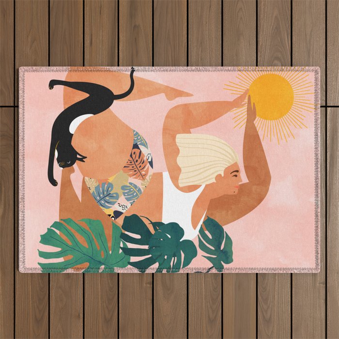 Tropical Yoga, Bohemian Woman Cat Pet Monstera Watercolor Painting, Blonde Quirky Illustration Outdoor Rug Gallery Image 1