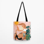 Tropical Yoga, Bohemian Woman Cat Pet Monstera Watercolor Painting, Blonde Quirky Illustration Tote Bag Gallery Image 2