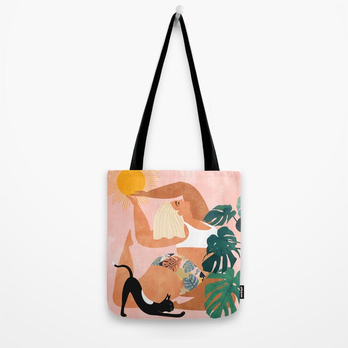 Tropical Yoga, Bohemian Woman Cat Pet Monstera Watercolor Painting, Blonde Quirky Illustration Tote Bag Gallery Image 2