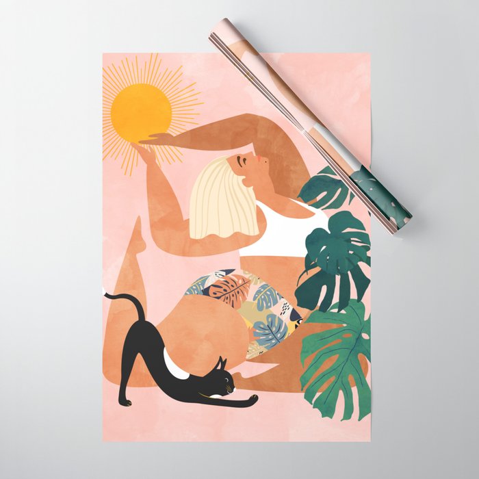 Tropical Yoga, Bohemian Woman Cat Pet Monstera Watercolor Painting, Blonde Quirky Illustration Wrapping Paper Gallery Image 1