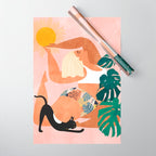 Tropical Yoga, Bohemian Woman Cat Pet Monstera Watercolor Painting, Blonde Quirky Illustration Wrapping Paper Gallery Image 1