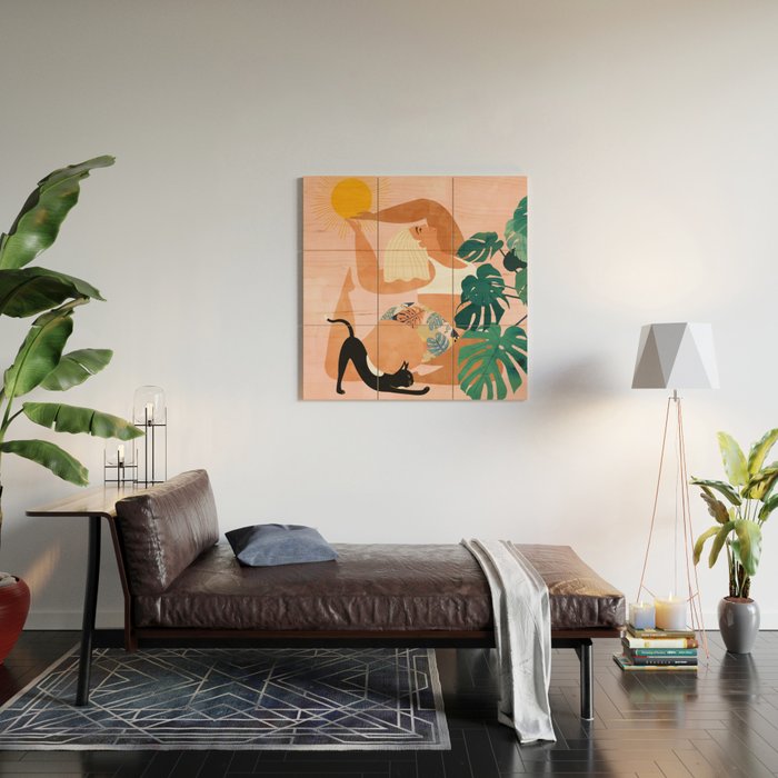 Tropical Yoga, Bohemian Woman Cat Pet Monstera Watercolor Painting, Blonde Quirky Illustration Wood Wall Art Gallery Image 2