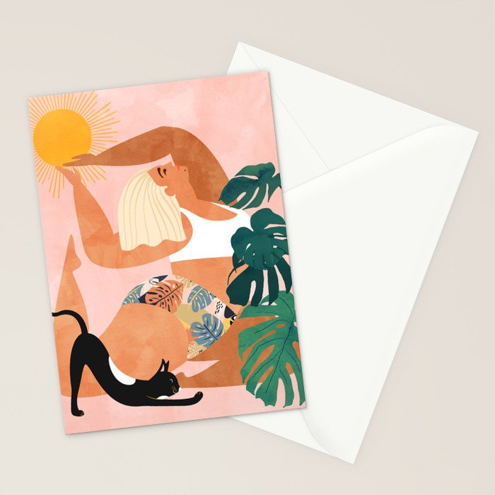 Tropical Yoga, Bohemian Woman Cat Pet Monstera Watercolor Painting, Blonde Quirky Illustration Stationery Card Gallery Image 2
