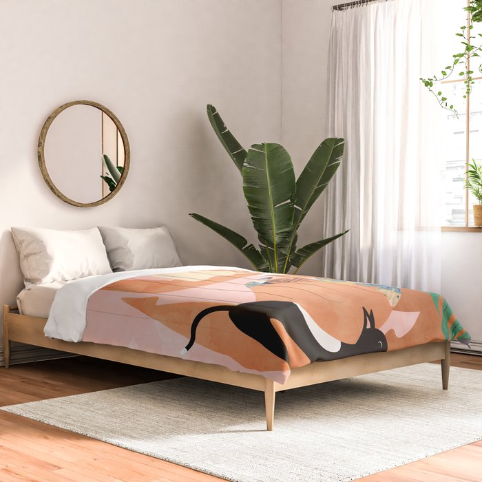 Tropical Yoga, Bohemian Woman Cat Pet Monstera Watercolor Painting, Blonde Quirky Illustration Comforter Gallery Image 2