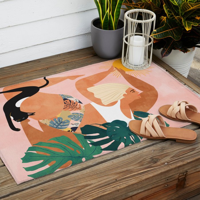 Tropical Yoga, Bohemian Woman Cat Pet Monstera Watercolor Painting, Blonde Quirky Illustration Outdoor Rug Gallery Image 2