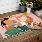 Tropical Yoga, Bohemian Woman Cat Pet Monstera Watercolor Painting, Blonde Quirky Illustration Outdoor Rug Gallery Image 2