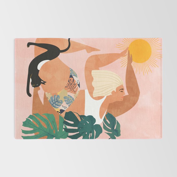 Tropical Yoga, Bohemian Woman Cat Pet Monstera Watercolor Painting, Blonde Quirky Illustration Rug Gallery Image 2