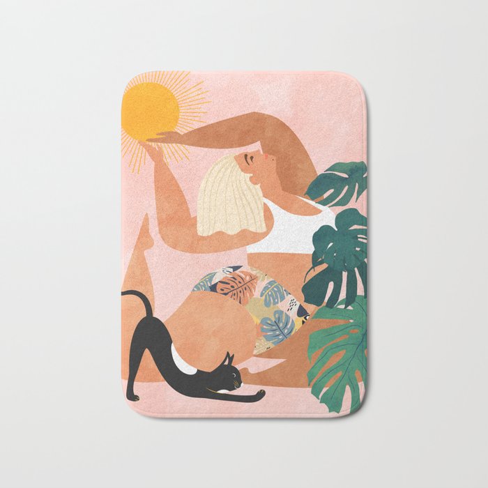 Tropical Yoga, Bohemian Woman Cat Pet Monstera Watercolor Painting, Blonde Quirky Illustration Bath Mat Gallery Image 1
