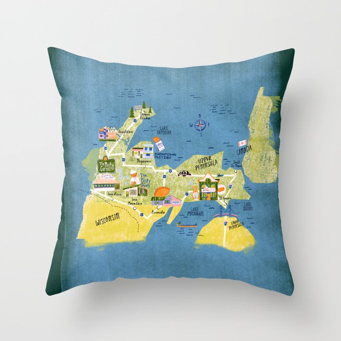 Map of Northern Michigan - Pasty Tour in Emerald Throw Pillow Gallery Image 6
