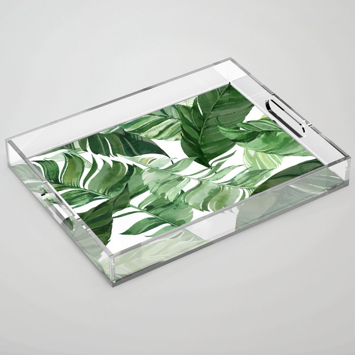 Green leaf watercolor pattern Acrylic Tray Gallery Image 1