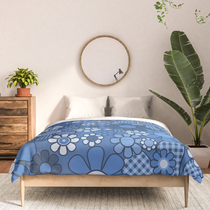 Retro Garden Gingham Flowers Vivid Blue 60s 70s Floral Pattern Comforter Gallery Image 3