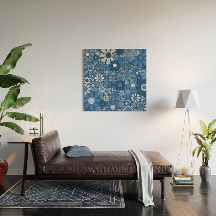 Retro Garden Gingham Flowers Vivid Blue 60s 70s Floral Pattern Wood Wall Art Gallery Image 2