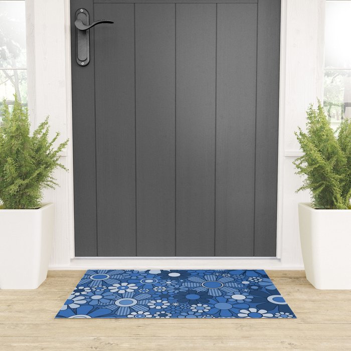 Retro Garden Gingham Flowers Vivid Blue 60s 70s Floral Pattern Welcome Mat Gallery Image 3