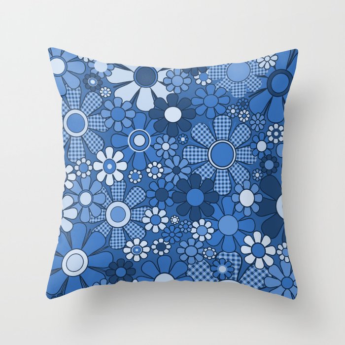 Retro Garden Gingham Flowers Vivid Blue 60s 70s Floral Pattern Throw Pillow Gallery Image 1