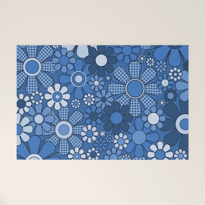 Retro Garden Gingham Flowers Vivid Blue 60s 70s Floral Pattern Welcome Mat Gallery Image 1