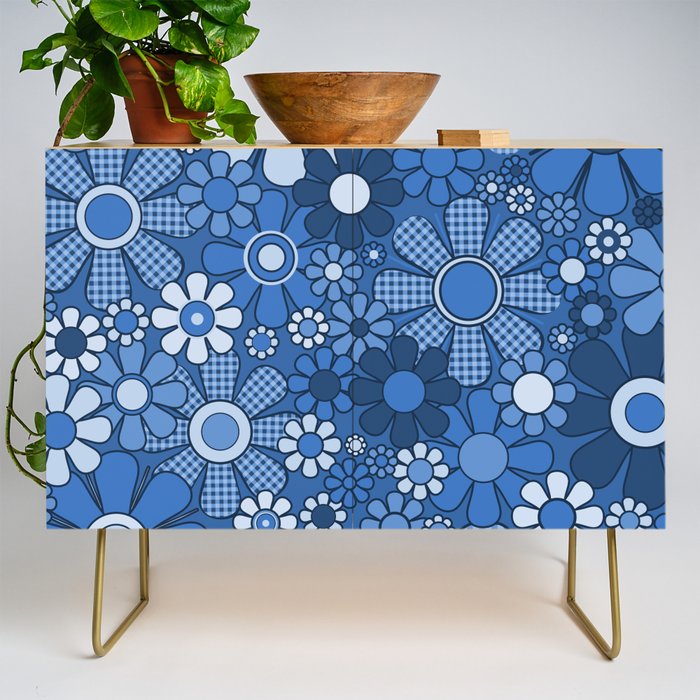 Retro Garden Gingham Flowers Vivid Blue 60s 70s Floral Pattern Credenza Gallery Image 1