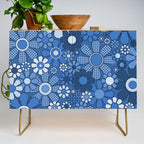 Retro Garden Gingham Flowers Vivid Blue 60s 70s Floral Pattern Credenza Gallery Image 1