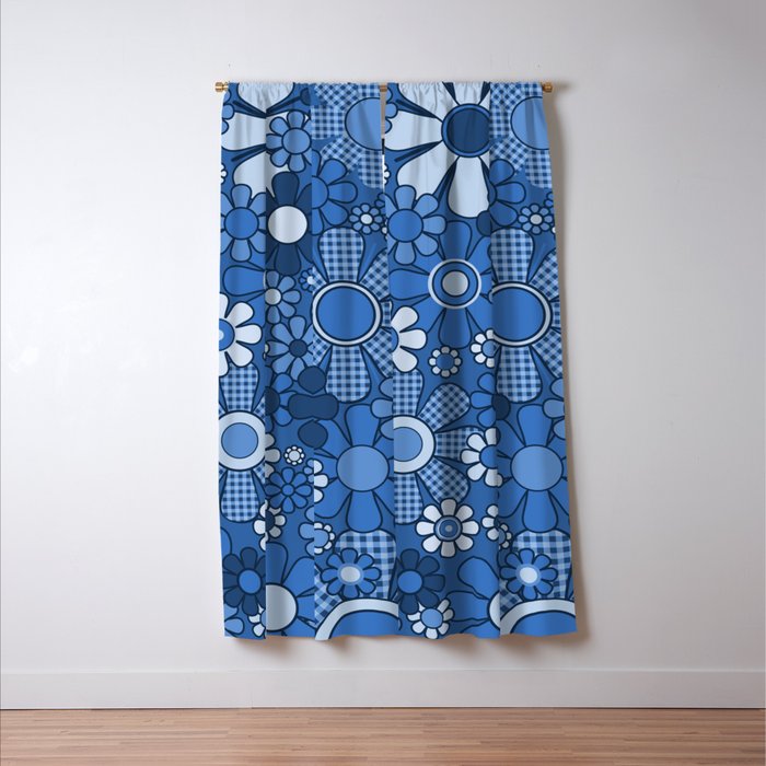 Retro Garden Gingham Flowers Vivid Blue 60s 70s Floral Pattern Window Curtain Gallery Image 3