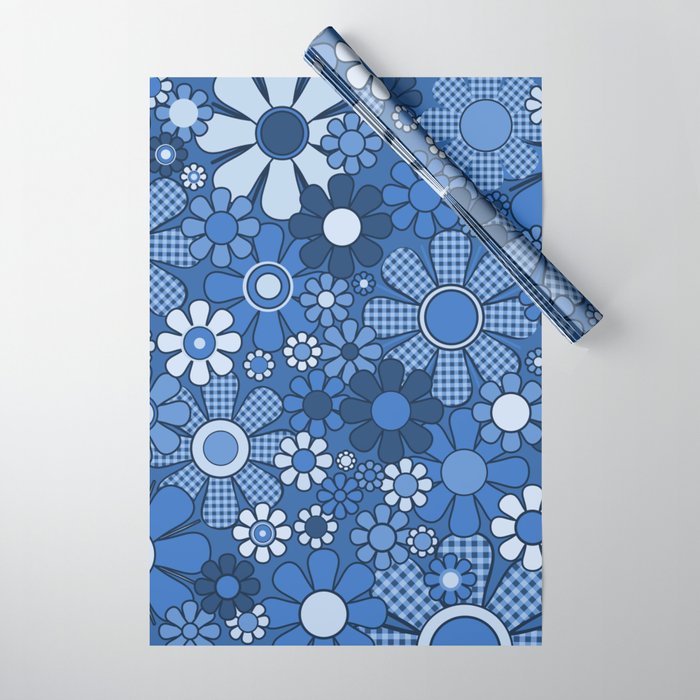 Retro Garden Gingham Flowers Vivid Blue 60s 70s Floral Pattern Wrapping Paper Gallery Image 1