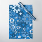 Retro Garden Gingham Flowers Vivid Blue 60s 70s Floral Pattern Wrapping Paper Gallery Image 1