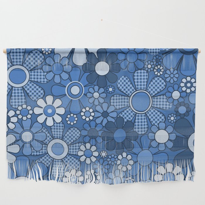 Retro Garden Gingham Flowers Vivid Blue 60s 70s Floral Pattern Wall Hanging Gallery Image 1