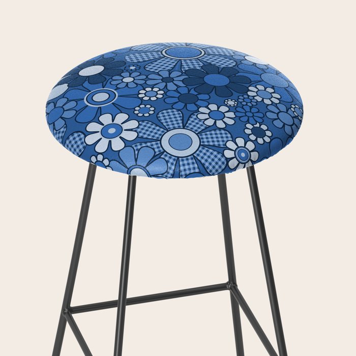 Retro Garden Gingham Flowers Vivid Blue 60s 70s Floral Pattern Stool Gallery Image 2
